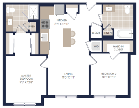 Floor plan for 2 beds, 2 baths, 839 sqft
